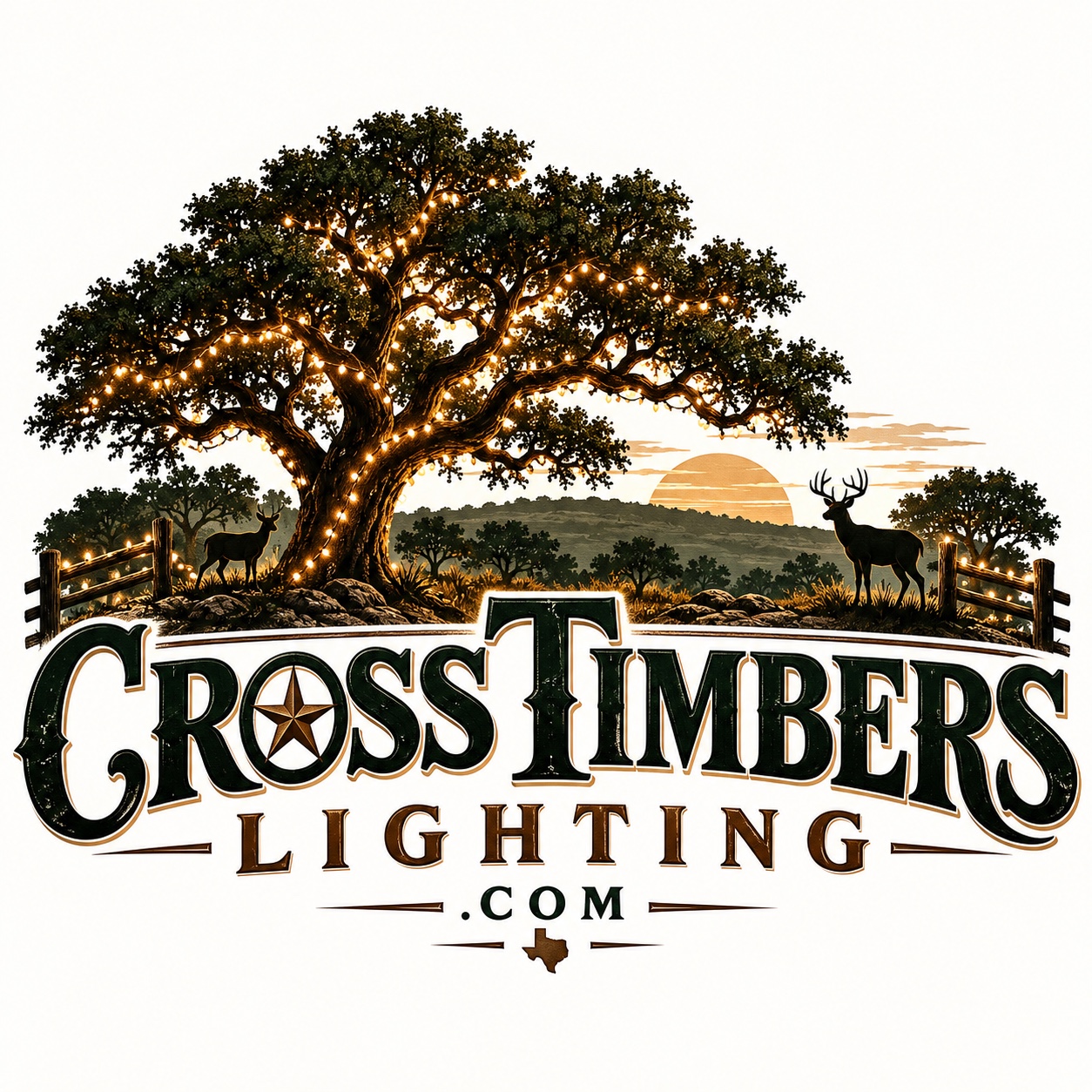 Cross Timbers Lighting: illuminated oak tree, whitetail deer and Texas ranch landscape